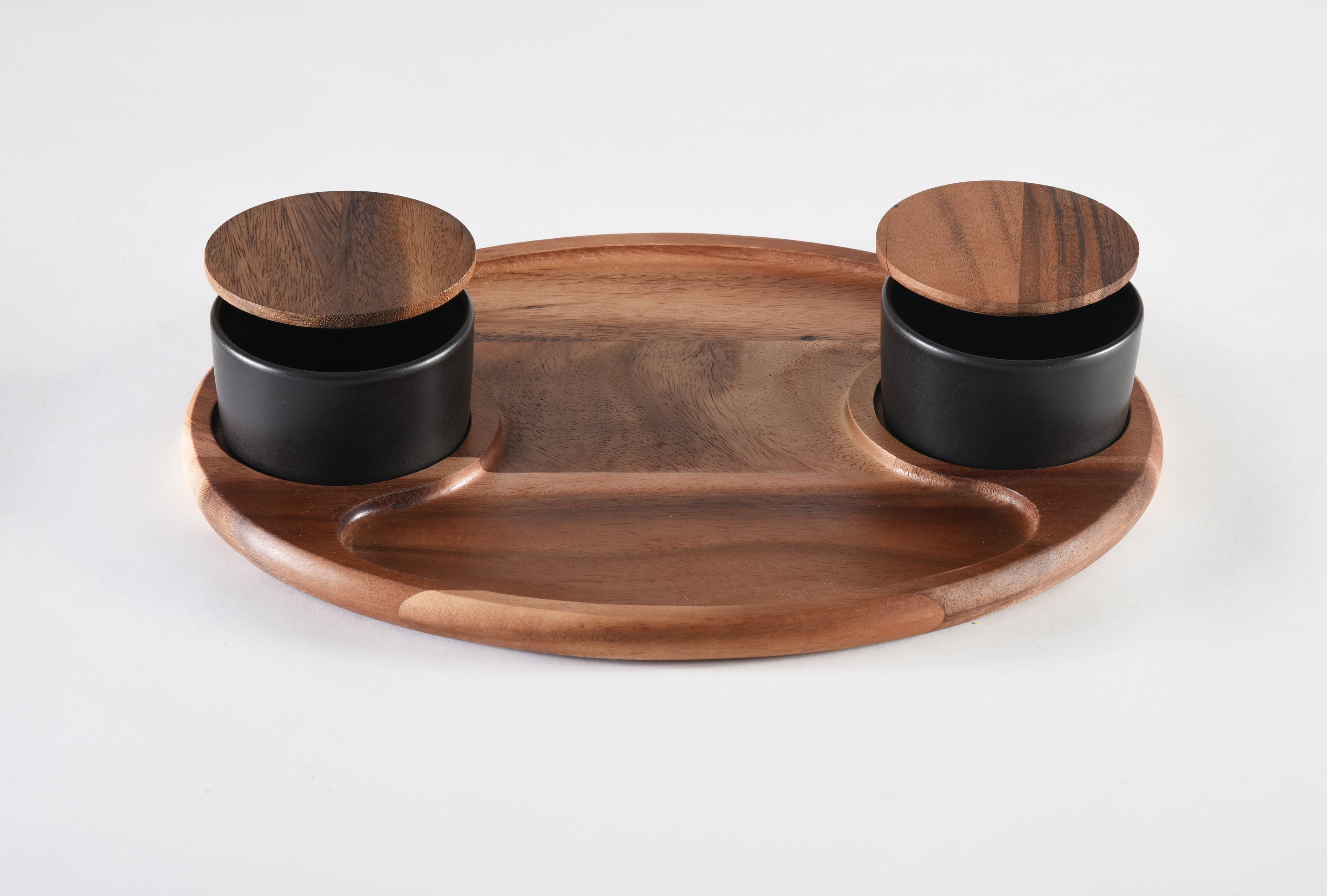 Charcuterie / Serving Tray w/ 2 Ceramic Bowls w/ Lids