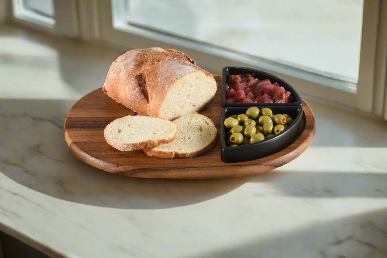 Charcuterie/ Serving Tray w/ 2 black triangular ceramic bowls