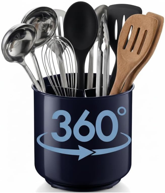Cooler Kitchen Extra Large and Sturdy Rotating Utensil Holder Caddy with No-Tip Weighted Base, Removable Divider, and Gripped Insert | Rust Proof and Dishwasher Safe