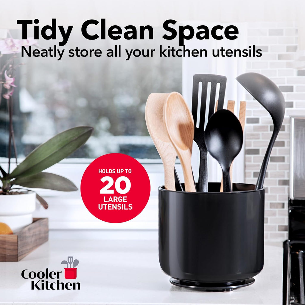 Cooler Kitchen Extra Large and Sturdy Rotating Utensil Holder Caddy with No-Tip Weighted Base, Removable Divider, and Gripped Insert | Rust Proof and Dishwasher Safe