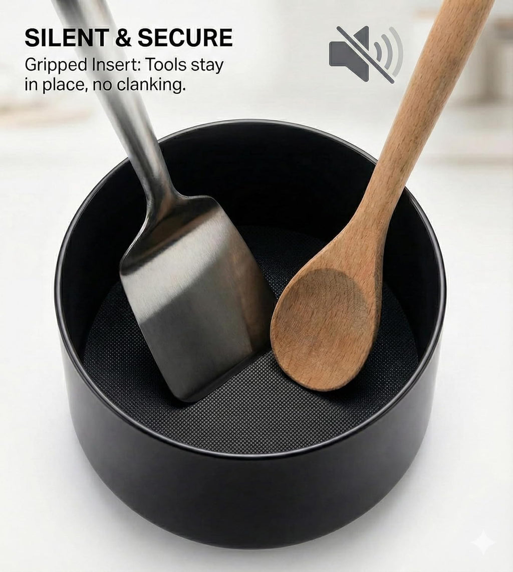 Cooler Kitchen Extra Large and Sturdy Rotating Utensil Holder Caddy with No-Tip Weighted Base, Removable Divider, and Gripped Insert | Rust Proof and Dishwasher Safe