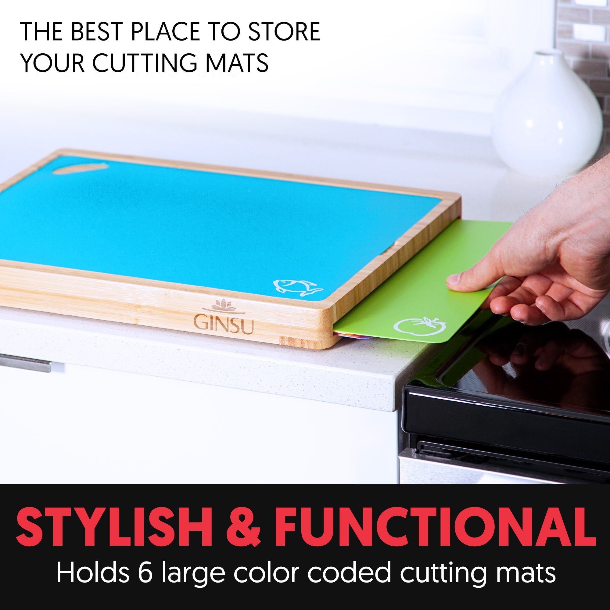 Ginsu Bamboo Wood Cutting Board Set with 6 Color-Coded Mats and Food Icons for Easy Meal Prep and Cleanup