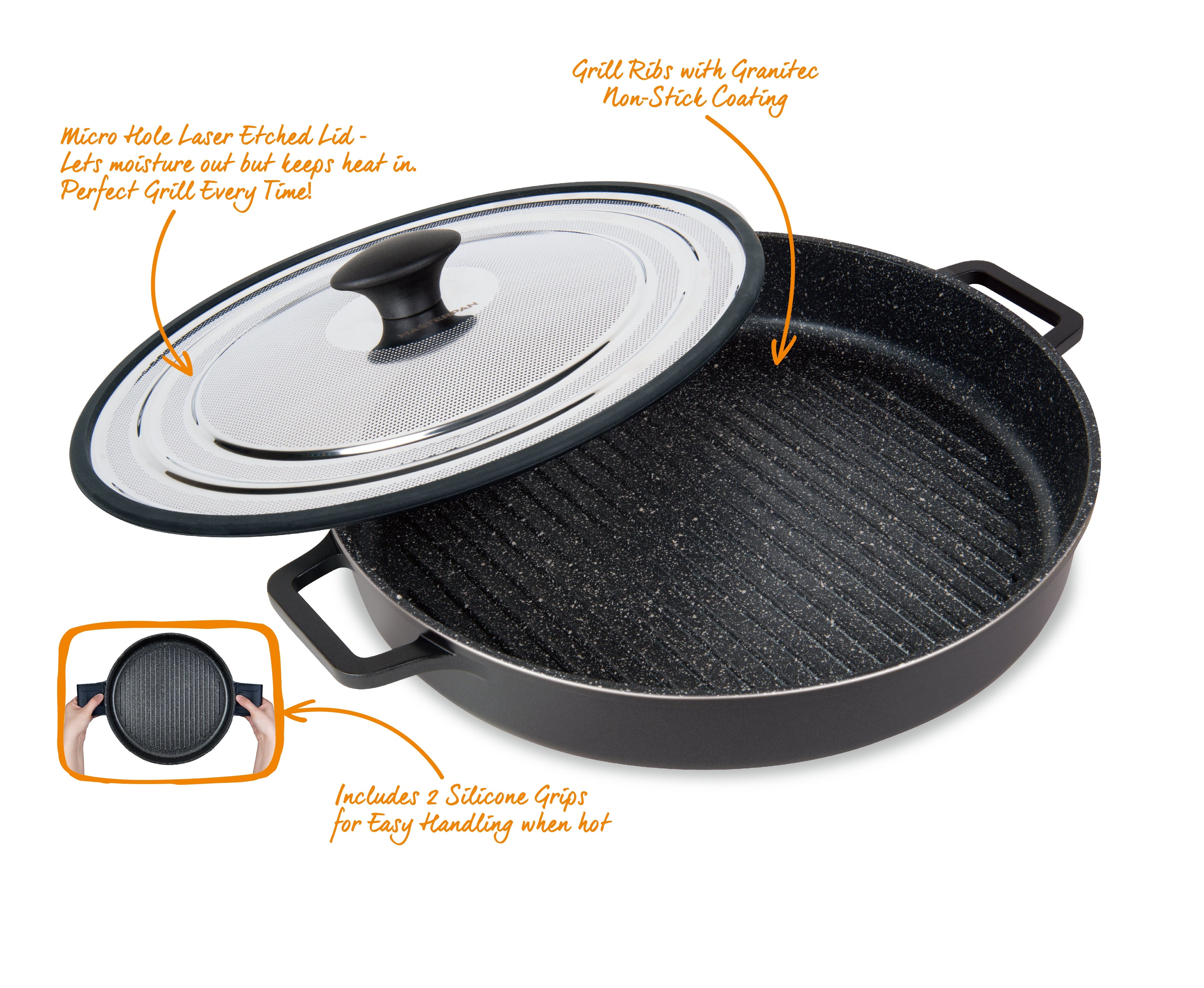MASTERPAN Nonstick Stovetop Oven Grill Pan & Stainless Steel Lid, Black 12" (30cm)