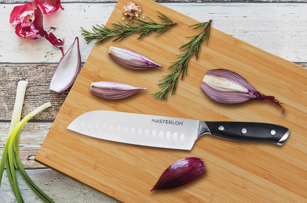 MASTERPAN Essential Chef’s Knife Bundle - 8" Chef’s Knife, 8" Slicer Knife & 7" Santoku Knife - Stainless Steel Blades with Protective Covers
