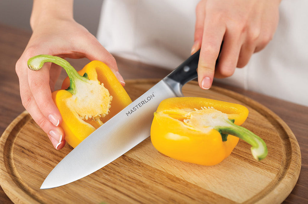 MASTERPAN Essential Chef’s Knife Bundle - 8" Chef’s Knife, 8" Slicer Knife & 7" Santoku Knife - Stainless Steel Blades with Protective Covers
