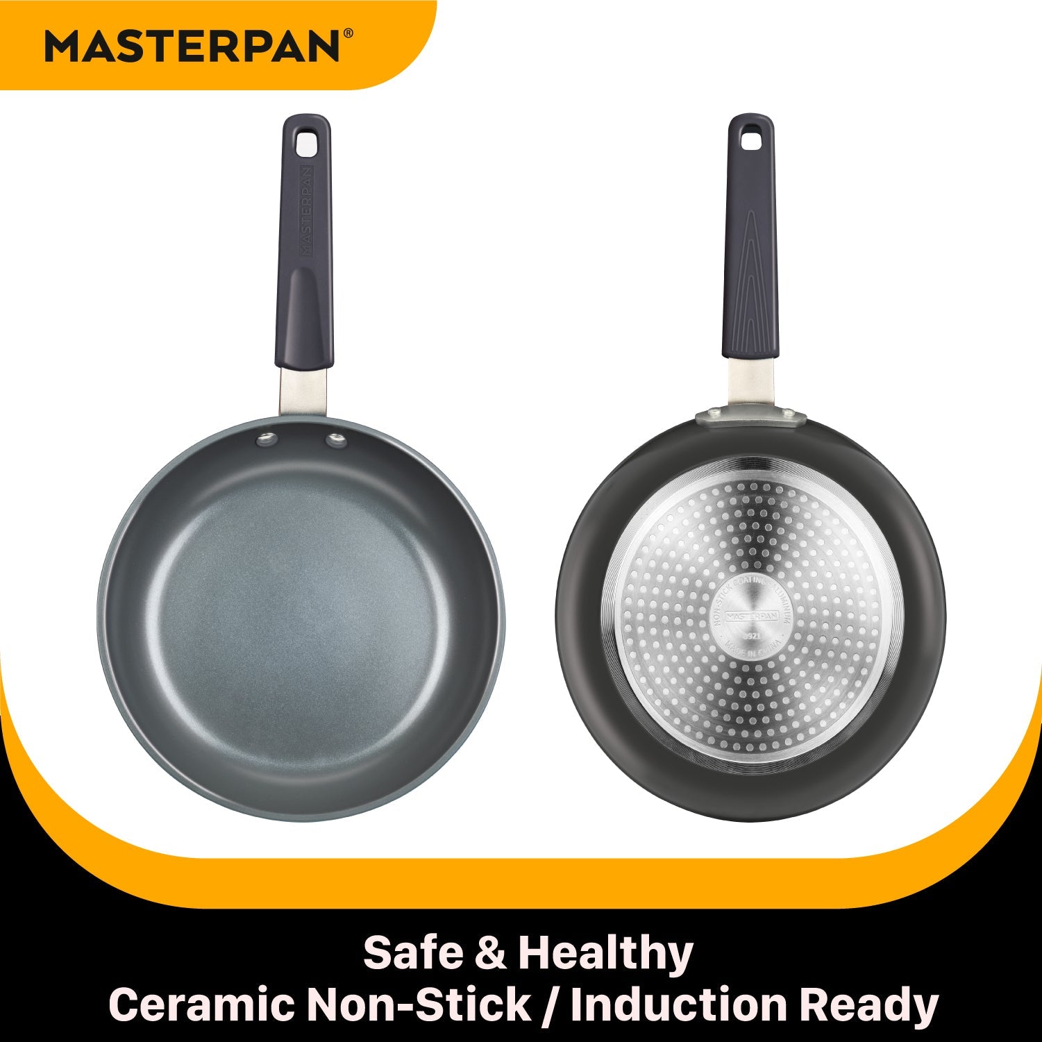 MASTERPAN Ceramic Nonstick Stovetop Oven Frypan & Skillet with Stainless Steel Lid & Utensils, Grey 9.5" (24cm)