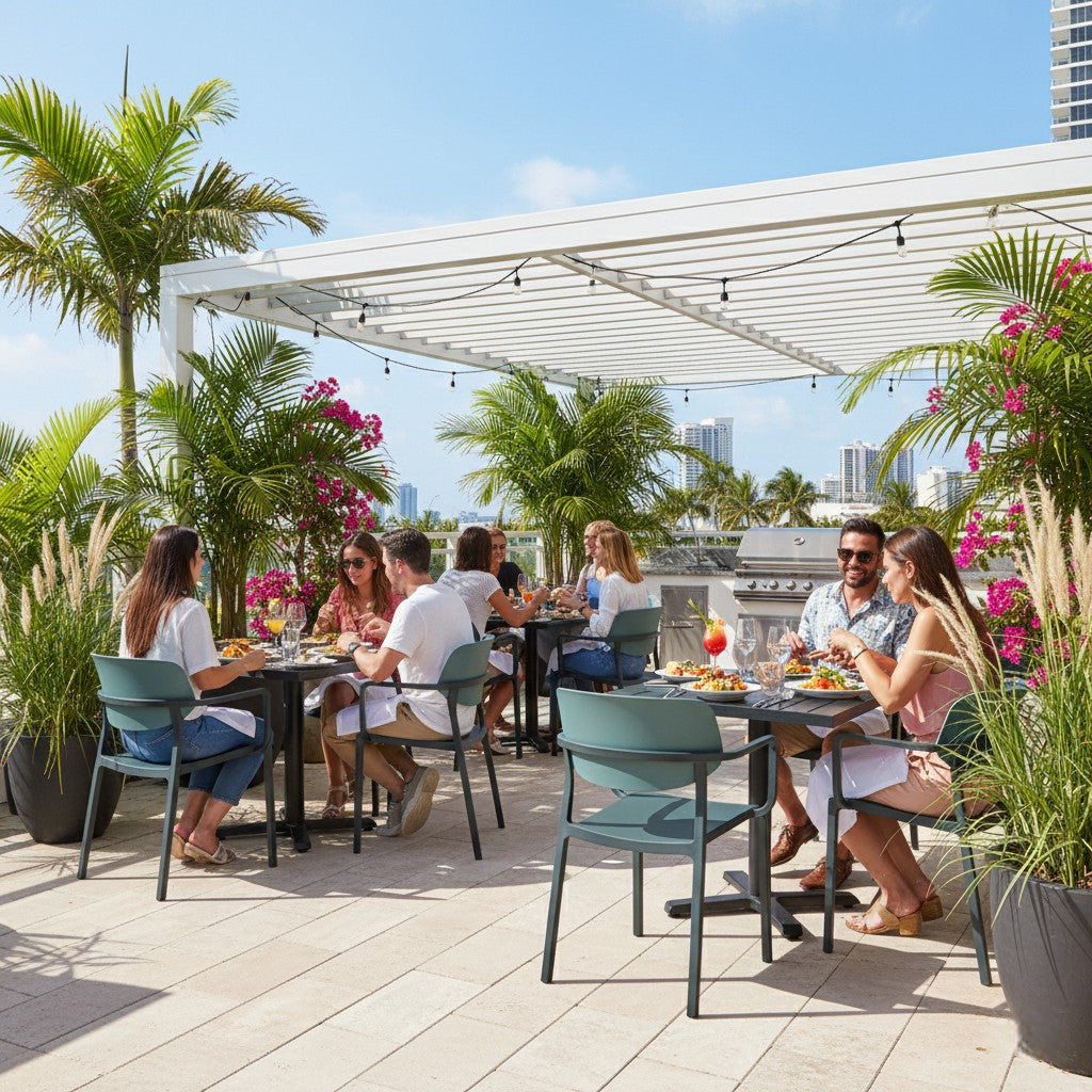 Patio Dining Armchair - Stackable - Set of 4 - Black/Light Blue