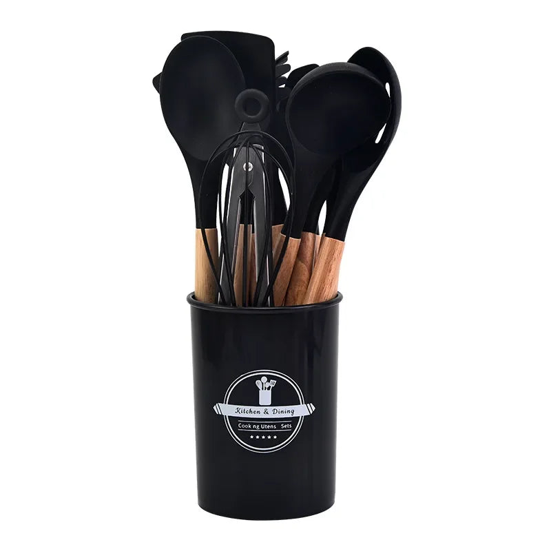 12-Piece Silicone Kitchen Utensil Set with Wooden Handles