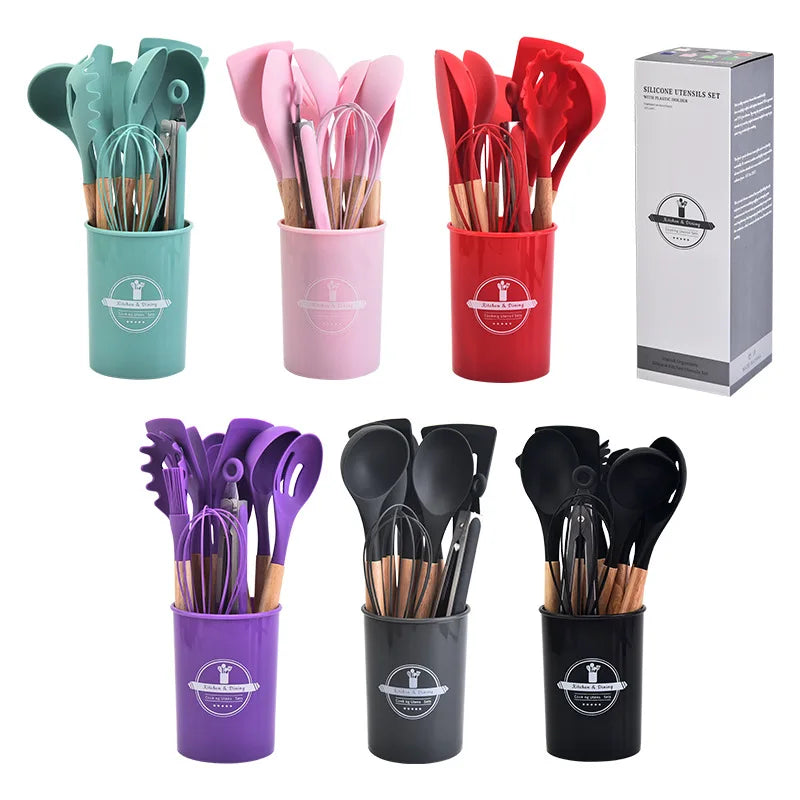 12-Piece Silicone Kitchen Utensil Set – Cooking Utensils with Wooden Handles, Non-Stick Heat-Resistant