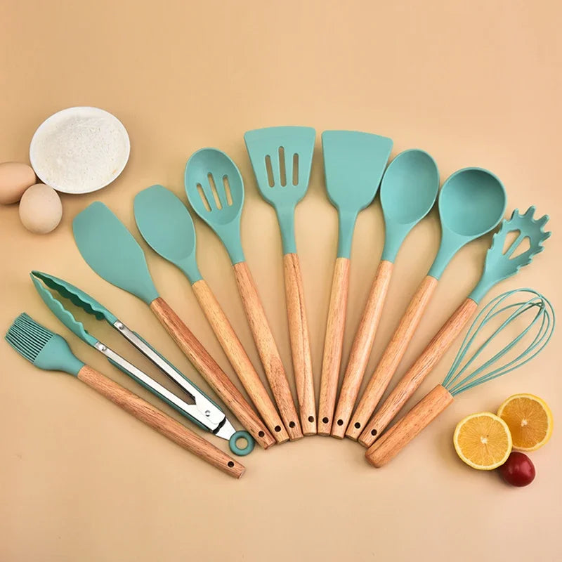 12-Piece Silicone Kitchen Utensil Set – Cooking Utensils with Wooden Handles, Non-Stick Heat-Resistant