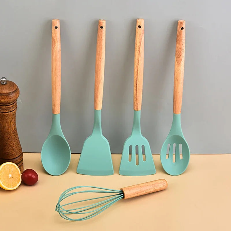 12-Piece Silicone Kitchen Utensil Set – Cooking Utensils with Wooden Handles, Non-Stick Heat-Resistant