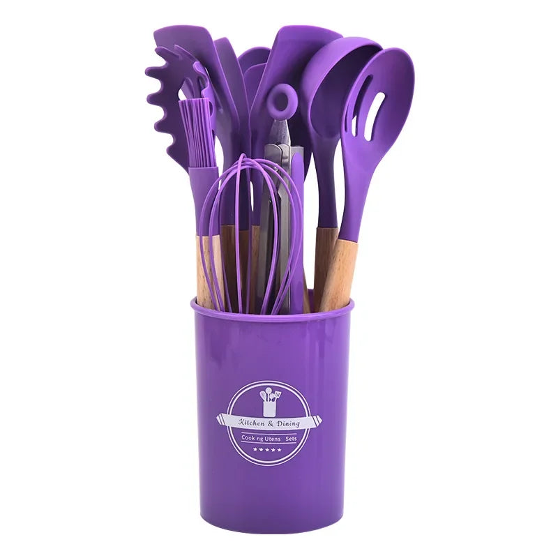12-Piece Silicone Kitchen Utensil Set with Wooden Handles