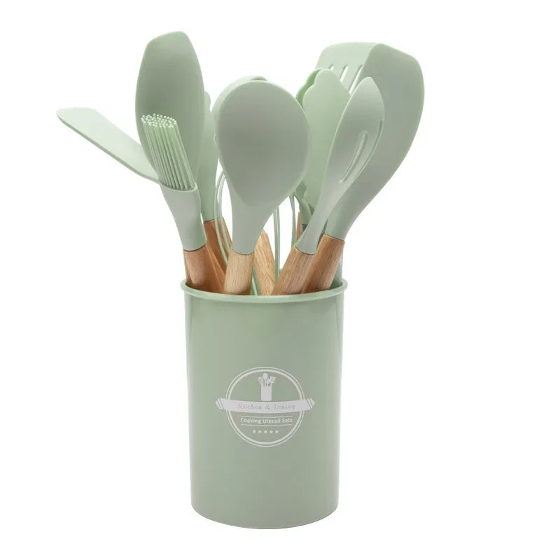12-Piece Silicone Kitchen Utensil Set with Wooden Handles