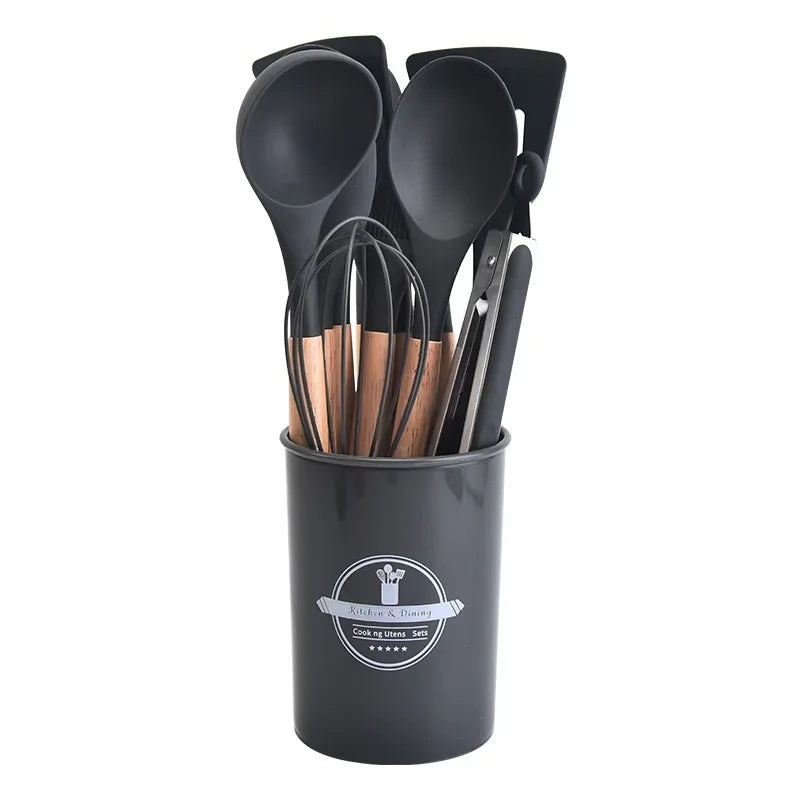 12-Piece Silicone Kitchen Utensil Set with Wooden Handles