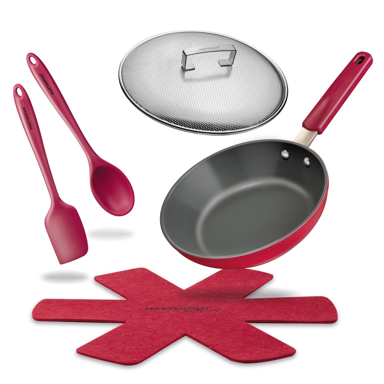 MASTERPAN Ceramic Nonstick Stovetop Oven Frypan & Skillet with Stainless Steel Lid & Utensils, Beet 9.5" (24cm)