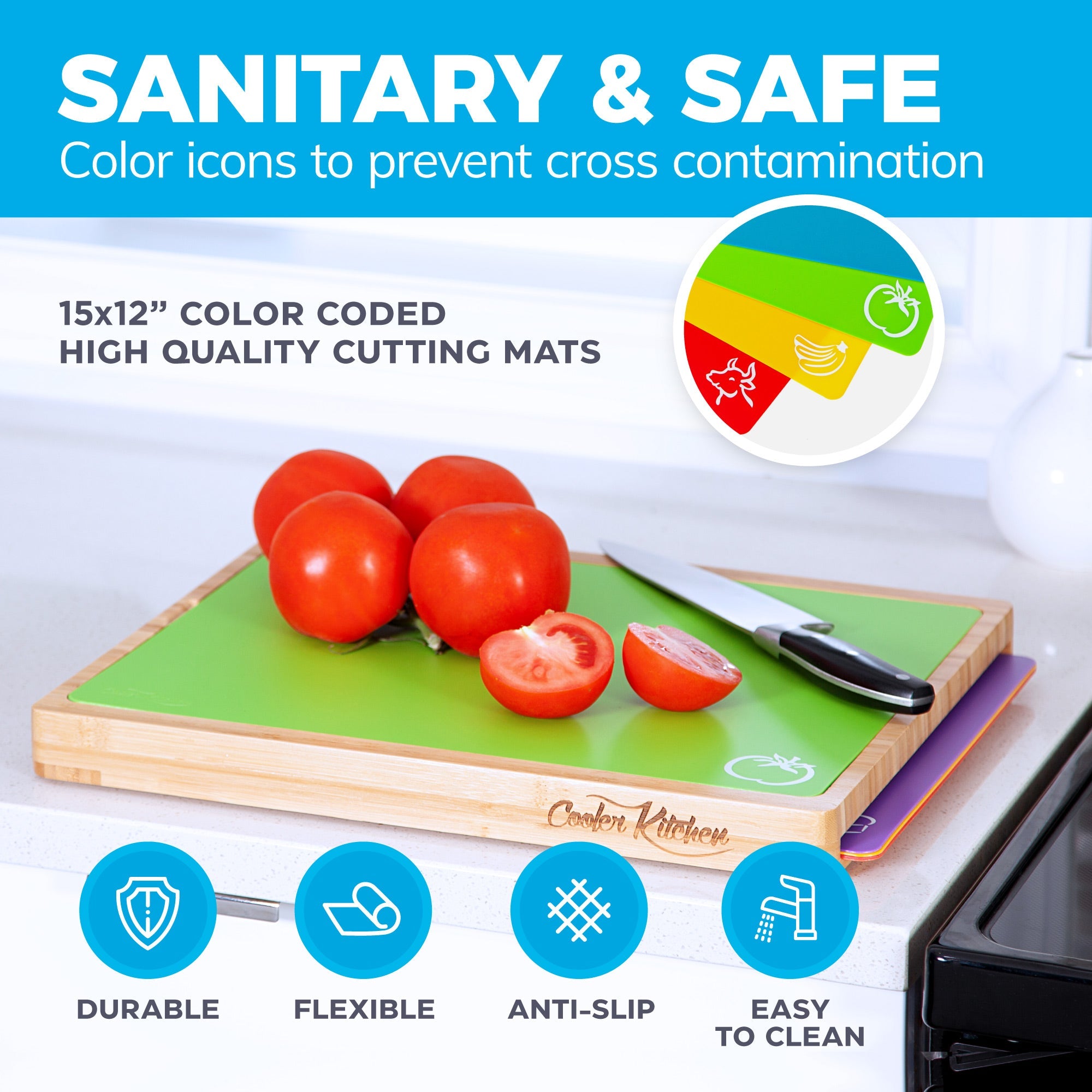 Easy-to-Clean Bamboo Wood Cutting Board with set of 6 Color-Coded Flexible Cutting Mats with Food Icons